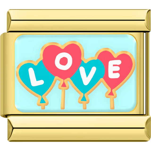 Gold Italian charm with balloon hearts spelling “LOVE” in red and teal on a blue background.